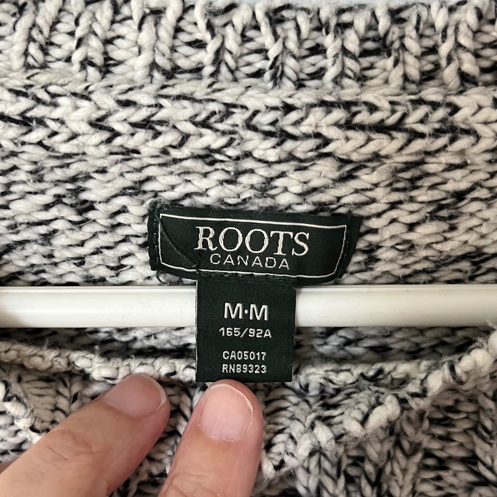 Roots Canada Marled Cable Knit Sweater Black White Crew Neck Raglan Medium - Picture 4 of 7